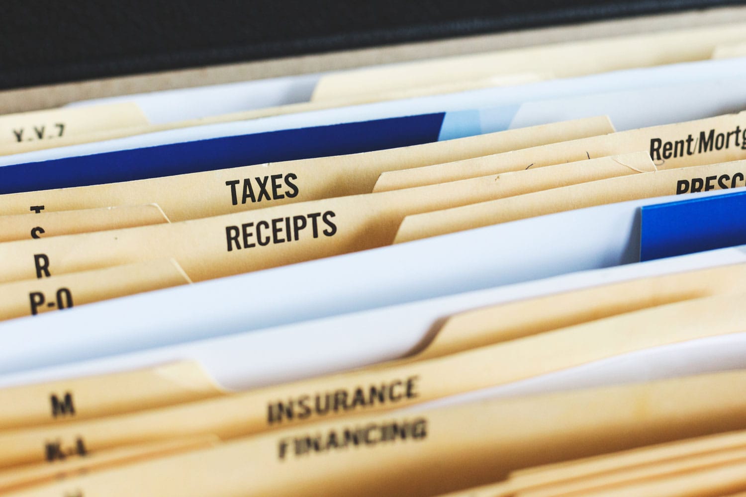 Folders for taxes, receipts, insurance, financing with documents inside them