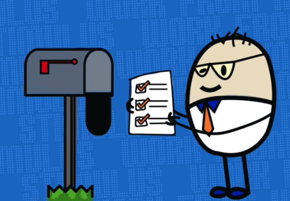 A blue banner with a bean placing a checklist in his mailbox
