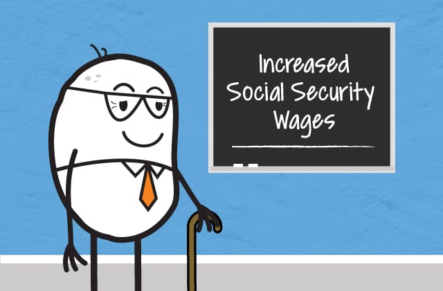 An older bean standing next to a sign for increased social security wages