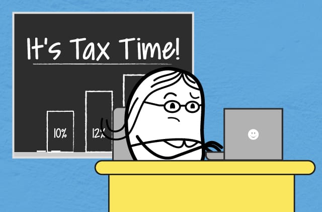 CPA Nerds bean typing on a computer with a chalkboard that says "It's Tax Time"